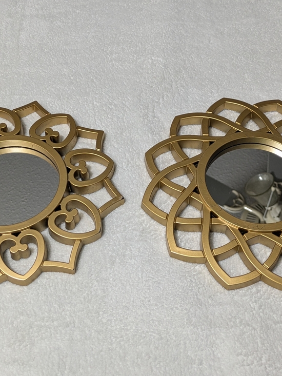 Source Unknown Other - Pair 10” Gold Accent Wall Mirrors Starburst & Hearts Ornate Plastic Frame